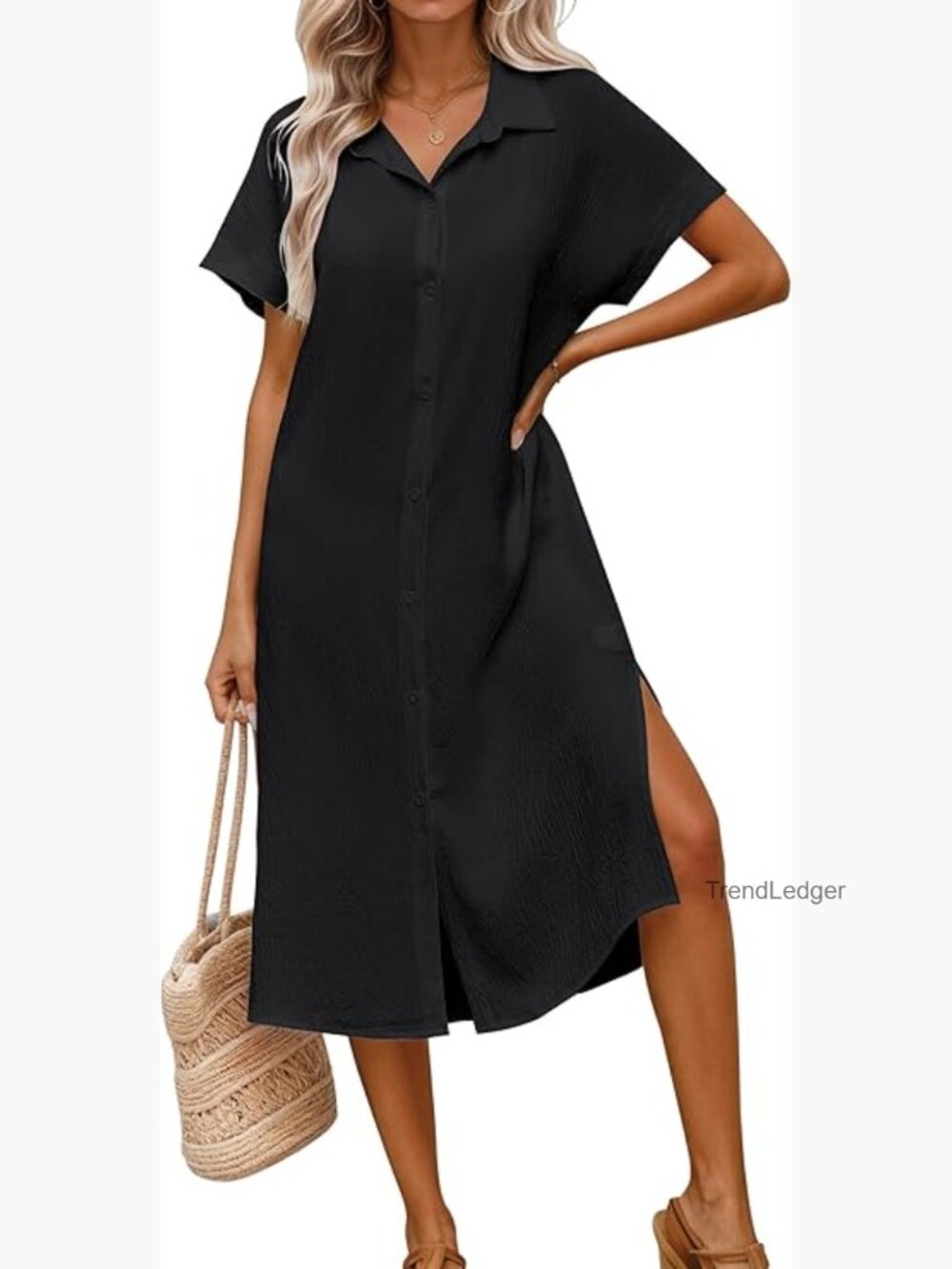 Women's Short Sleeve Button Down Swimsuit Coverup Dress Midi Length